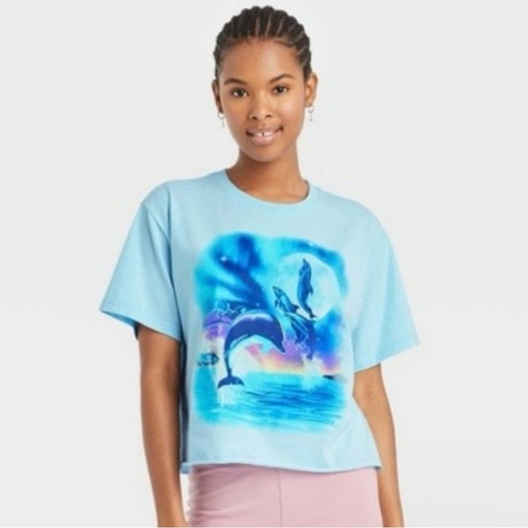 NWT Mighty Fine Blue Dolphin Graphic Overaized Boxy Crop Top size medium - Picture 1 of 4